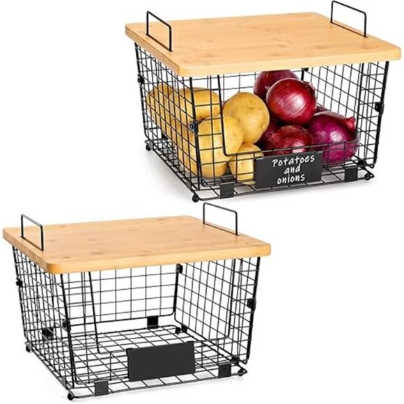 2 Set XXL Stackable Wire Basket with Bamboo Tops & Tag- Pantry Organizer - Picture 7 of 7